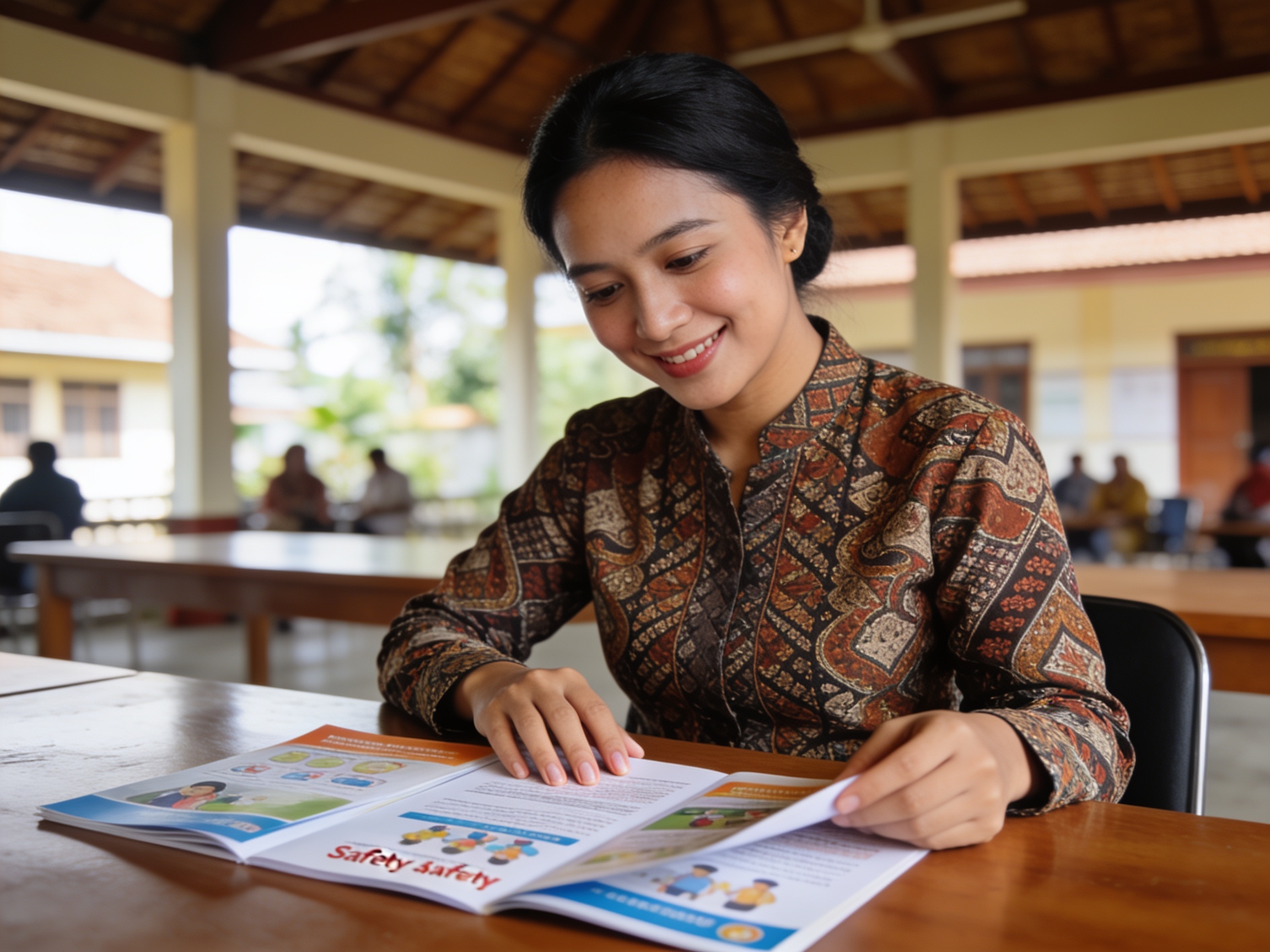 Aktivis masyarakat sipil memeriksa materi strategi edukasi anti trafficking di meja balai desa.